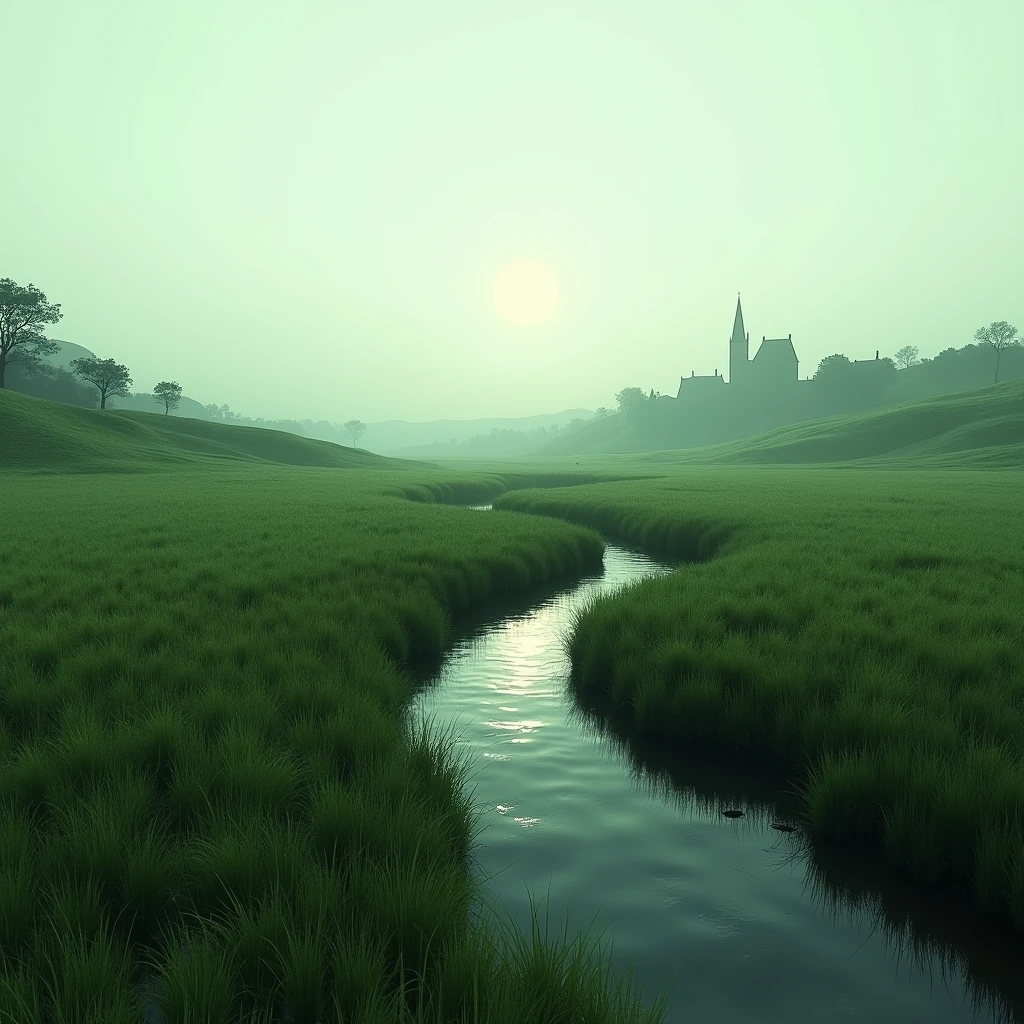 grassy meadow, ground level, river following trail, town far off in the distance, Gothic art, ray tracing, masterpiece, accurate, super detail, high details, highres, 1080P, HD, 4K, 8k, 16k, best quality