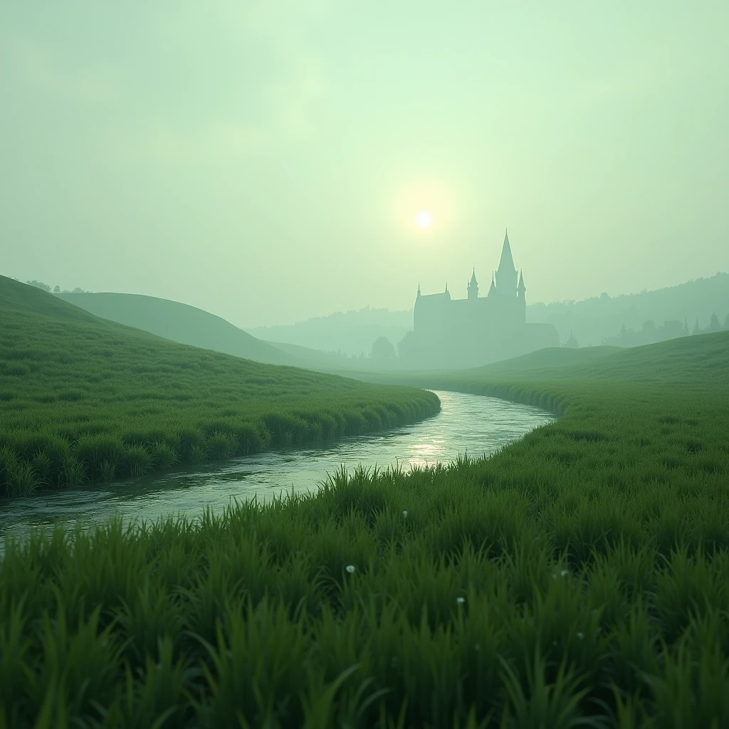 grassy meadow, ground level, river following trail, town far off in the distance, Gothic art, ray tracing, masterpiece, accurate, super detail, high details, highres, 1080P, HD, 4K, 8k, 16k, best quality