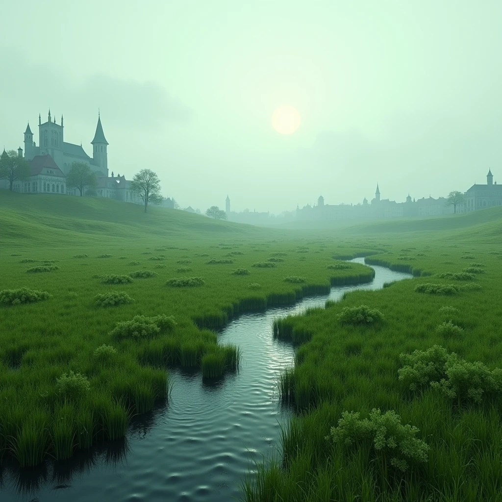 grassy meadow, ground level, river following trail, town far off in the distance, Gothic art, ray tracing, masterpiece, accurate, super detail, high details, highres, 1080P, HD, 4K, 8k, 16k, best quality