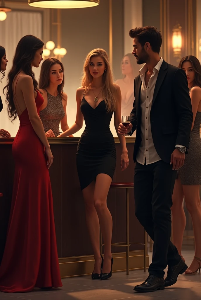 Women at the bar of a fancy bar talking, Full body shot, One of them has a simple black dress but stands out more than her friends and they all dress elegantly. The girl who stands out the most looks at the man with an open shirt wearing cloth pants and a black jacket who walks by her side. 