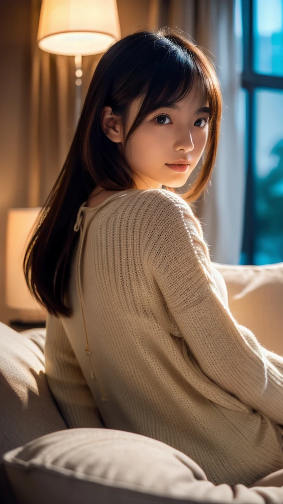a beautiful young japanese girl relaxing in a living room at night, wearing a non-transparent nightgown, detailed face, (best quality,4k,8k,highres,masterpiece:1.2),ultra-detailed,(realistic,photorealistic,photo-realistic:1.37),HDR,UHD,studio lighting,ultra-fine painting,sharp focus,physically-based rendering,extreme detail description,professional,vivid colors,bokeh,portrait