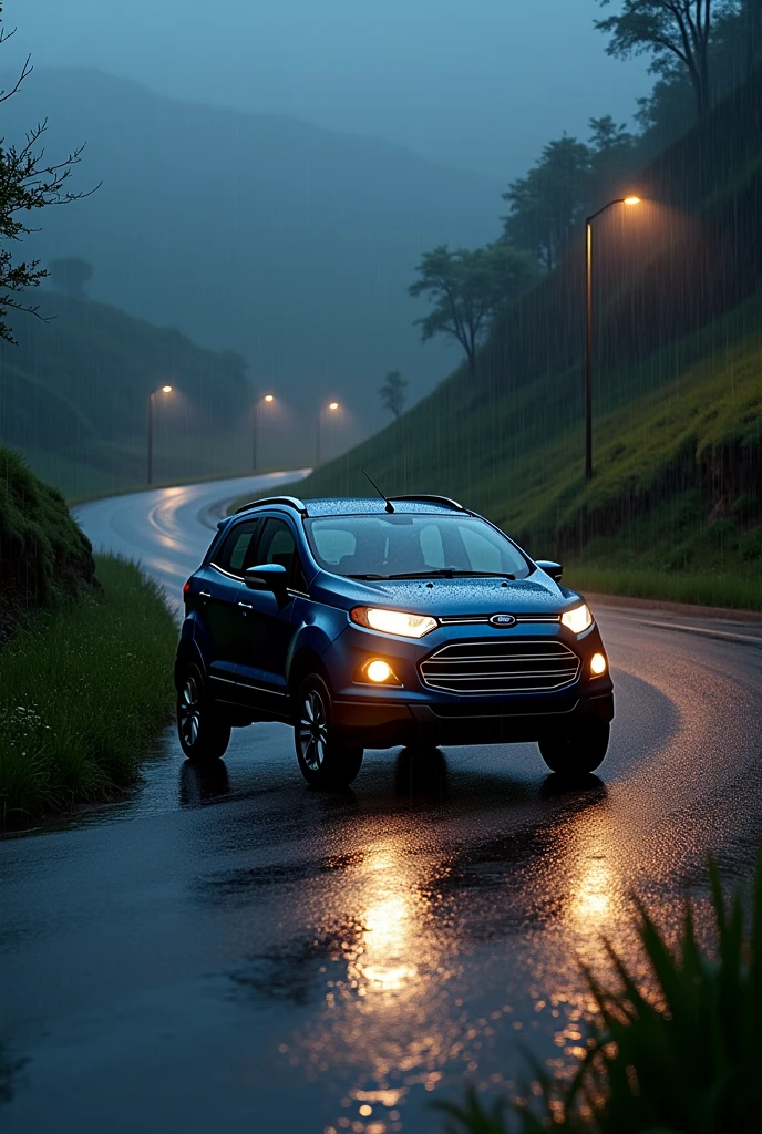 Ford ecosport on hill at lights on in the rain