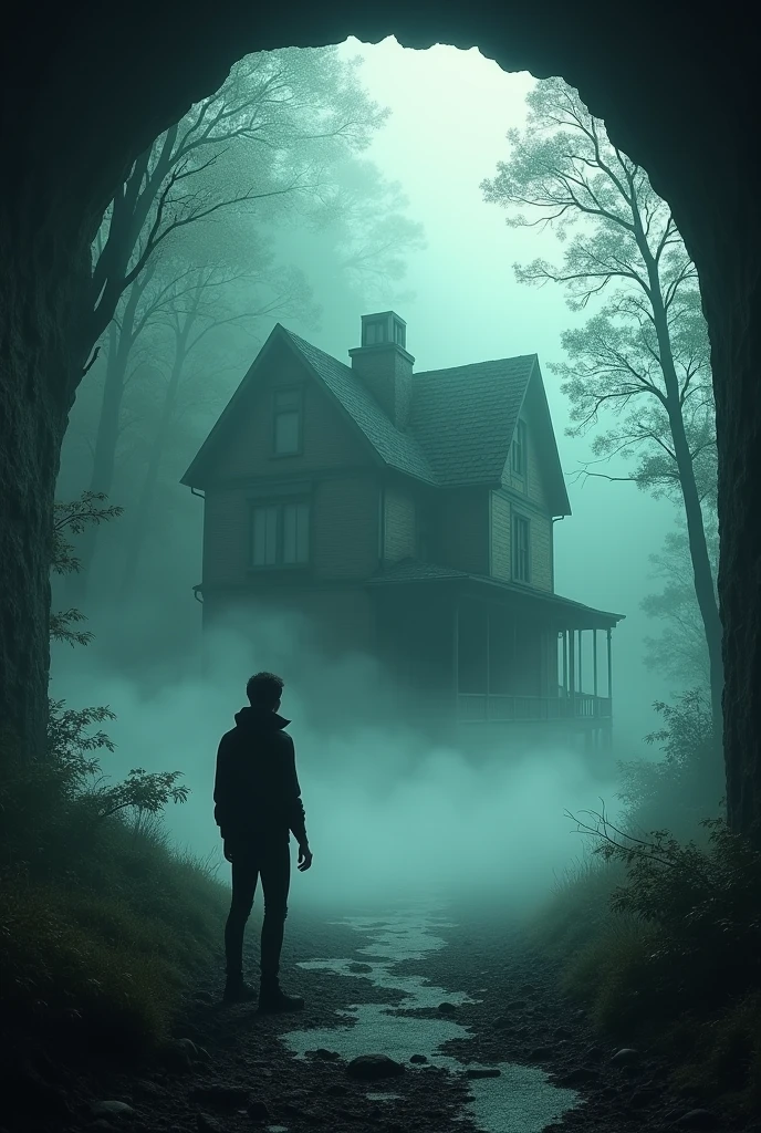Max sort du tunnel et arrive en bordure de la forêt. La maison en ruine est maintenant enveloppée dans une brume dense, semblant se dissoudre dans l'air. Max regarde derrière lui avec une expression de soulagement mêlée de peur.