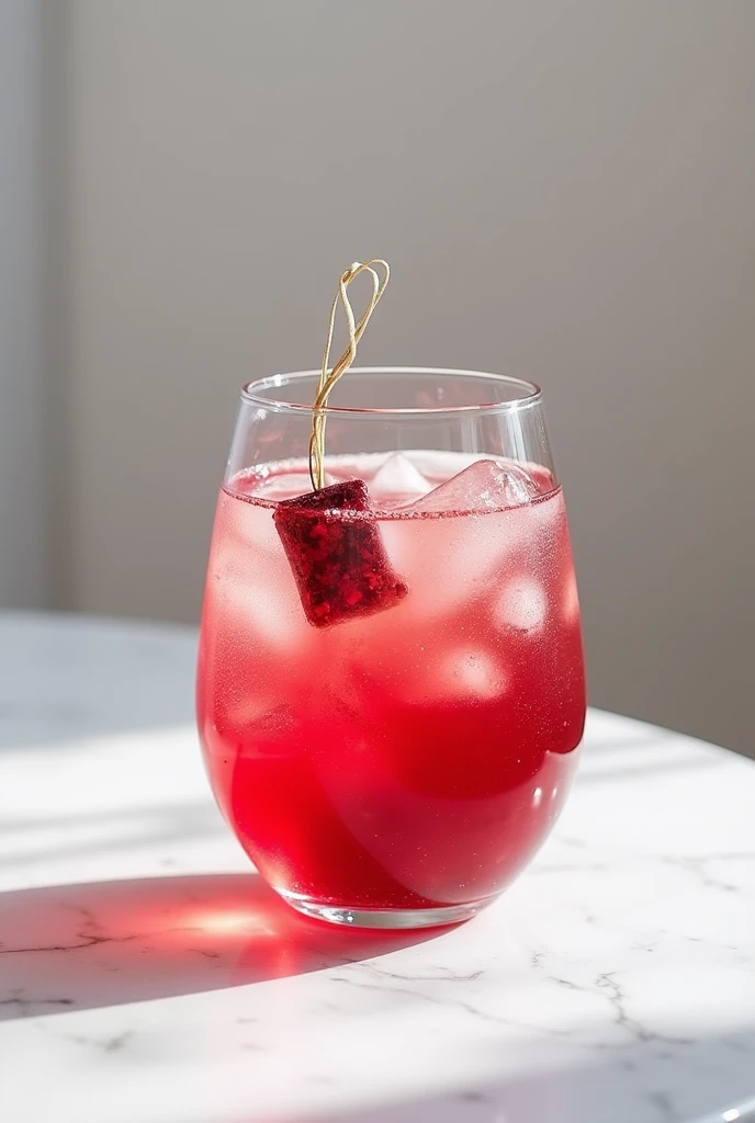 create a photo of a gin and tonic with red fruit tea, em uma taça Taça balloon, I don't want fruit in this photo, just with the tea bag inside the cup and with the tea bag string on the side of the cup.