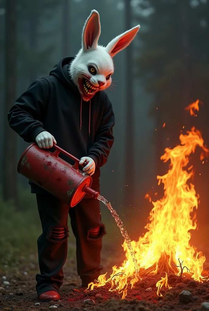 1 male, furry White bloody rabbit mask with creepy smile and yellow bloody teeth, pouring big red gasoline can on fire, completely Black hoodie, ethereal, detailed, masterpiece, best quality, dramatic lighting, full body, side camera, torn Black pants, horror, creepy