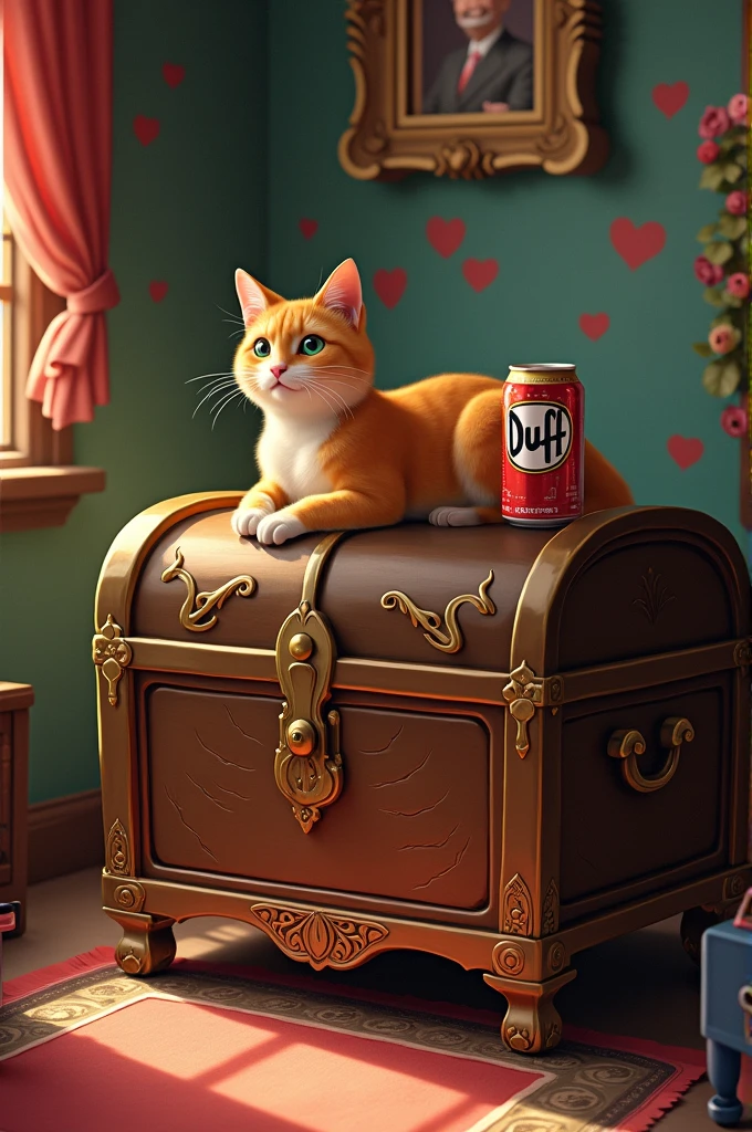 Big chest with cat sitting with Duff beer next to it,