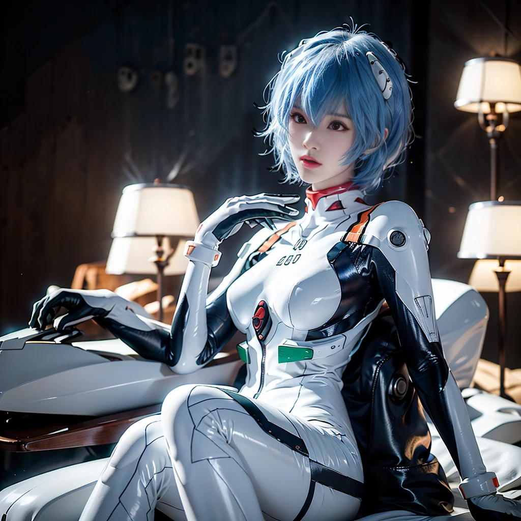 (8k, RAW photo, highest quality, refined details, Masterpiece: 1.2), (high resolution 8k wallpaper), sharp focus, professional lighting, depth of field, cinematic lighting, background blur, Evangelion Rei Ayanami. She is a Japanese woman with blue hair, red eyes, and a white plug suit. Her futuristic background and realistic style with a cool look are her hallmarks. Quiet atmosphere like science fiction,full body,