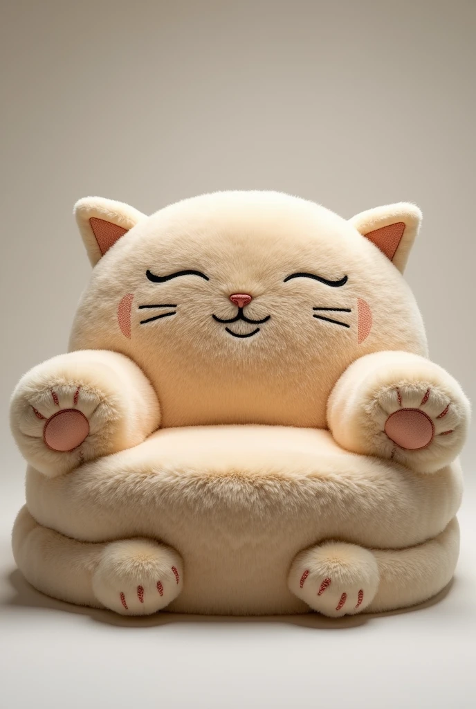 "Design a loveseat that embodies the comfort of snuggling with a cat. The loveseat should be shaped like a large, seated cat, with the backrest formed by the cat’s head and body. The entire piece should be covered in a soft, plush fur fabric, with the headrest featuring detailed embroidery for the cat’s face, complete with eyes, nose, and whiskers. The armrests should be shaped like the cat’s front paws, softly rounded and padded for comfort. The seating area should be spacious enough for two people, with soft cushions that match the furry texture. The base of the loveseat could feature the cat’s tail curled around it, adding a whimsical touch to this cozy, cat-themed furniture."