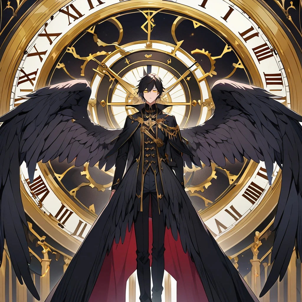 A male with black hair and wings standing in front of a clock, have a black wings, gold eye Solo, High Resolution, Simple background,