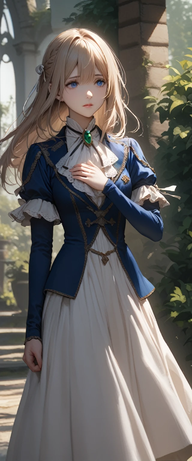 France in the 1890s。The main character of Violet Evergarden has blonde shoulder-length hair with a red ribbon.。She is wearing a classical aristocratic outfit based on ultramarine blue, with a white ribbon on her chest and an emerald necklace in the center.。Both of his arms are made of steel prosthetics that shine silver from the elbow down.。She has very beautiful blue eyes。In the background you can see a slightly blurred French garden.。She always looks sad and lonely。Beautiful and realistic photos.。Walking far away。She is wearing a white flared skirt.
