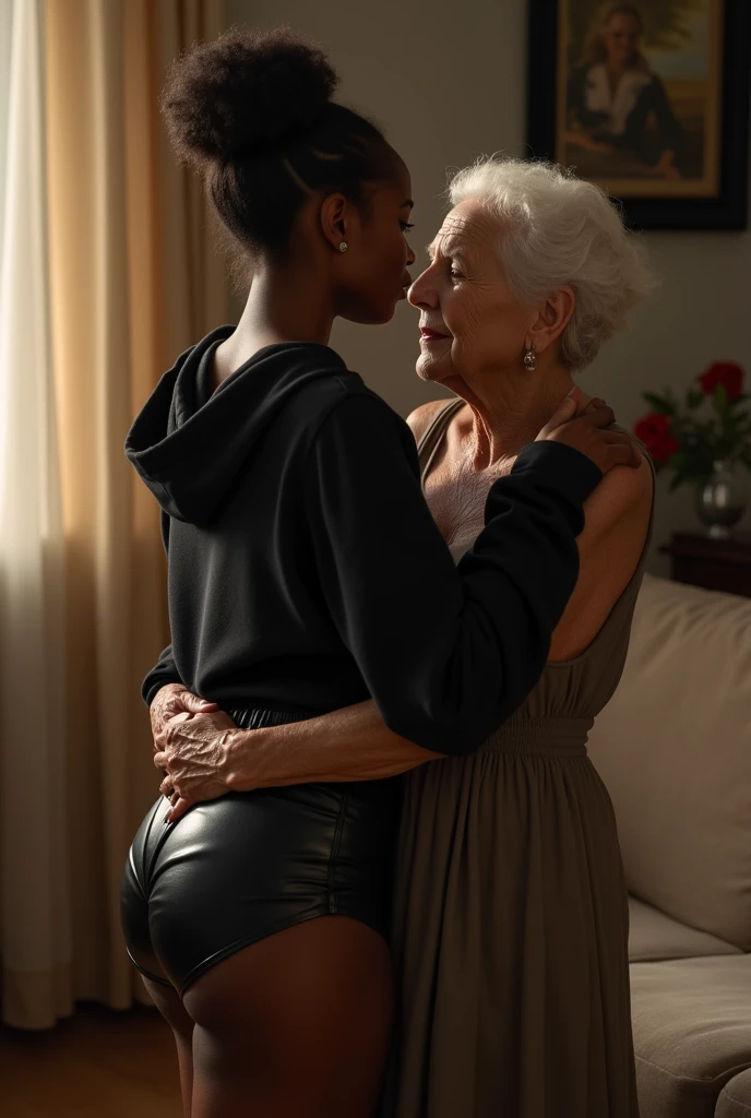 black woman hair in a bun black hoodie black leather short shorts getting fucked in the ass by a old age white grandma in a dress in a living room\
