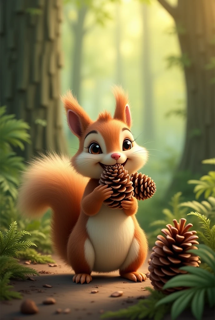 A little squirrel brings pine cones home,Happy expression,