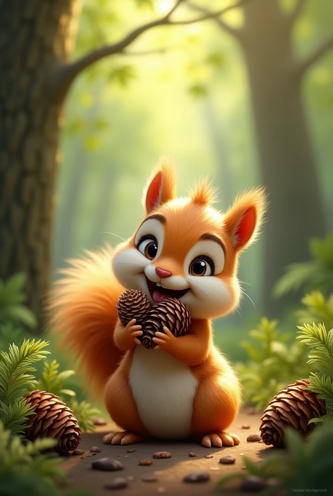 A little squirrel brings pine cones home，Happy expression,