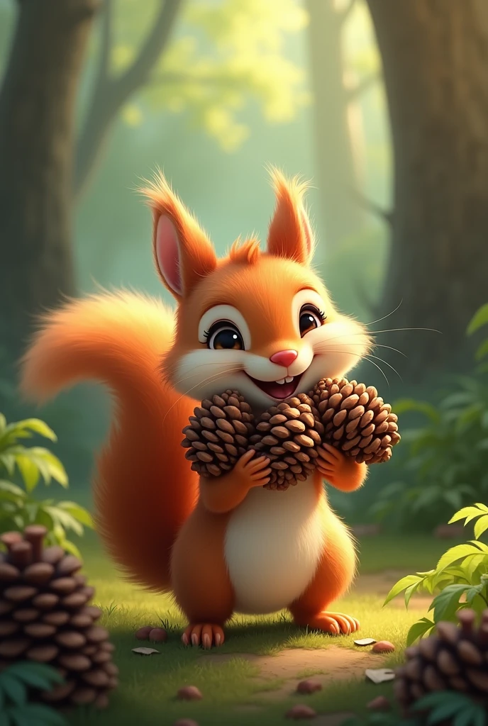 A little squirrel brings pine cones home，Happy expression,