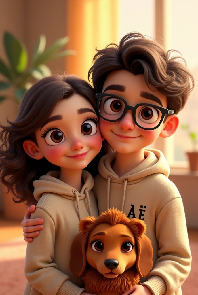 Pixar-style poster of two lovers, a girl with brown curly hair, white, with brown eyes, long eyelashes and small nose, wearing a beige hoodie with the initials AE small on the left chest; a boy with dark brown hair, with rectangular frame lenses, dark brown eyes big lips wearing a beige sweatshirt with small initials AE on the left side and a light brown dachshund with a black nose and brown eyes wearing a lion costume