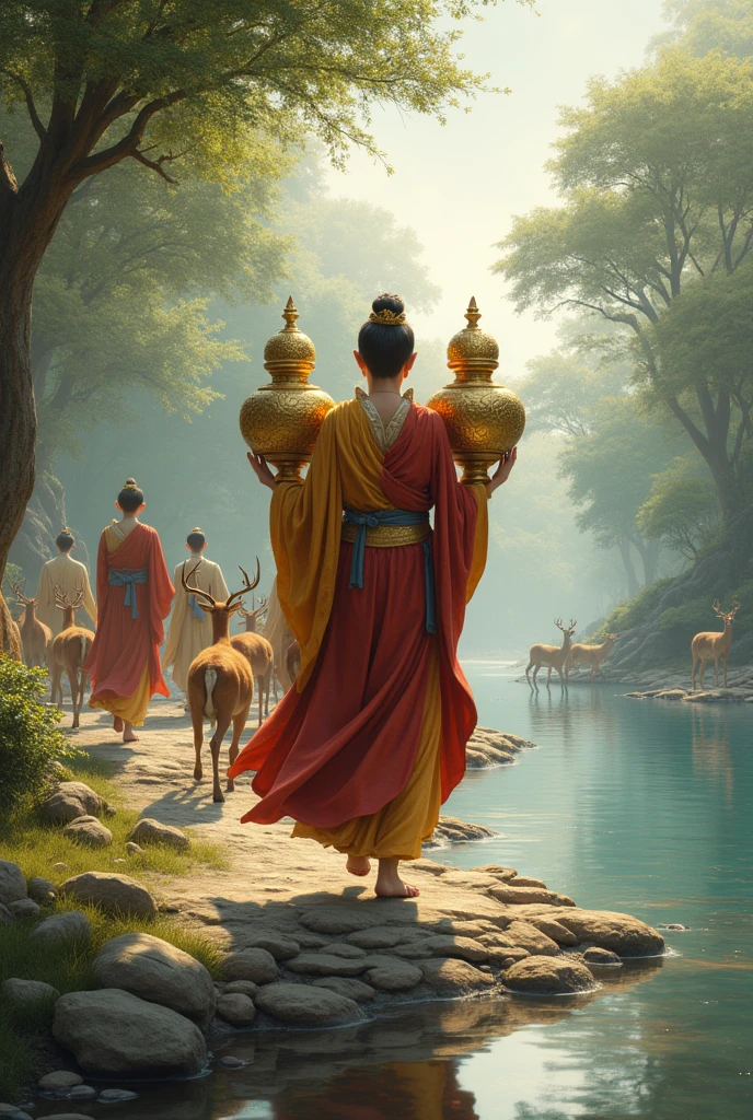 မဟာဗုဒ္ဓဝင်၊ သား ရွှေအိုးနှစ်လံုးကို ထမ်းပိုနဲ့ ရှေ့တစ်လံုး နောက်တစ်လံုးချိတ်ပြီးထမ်းလာ။ မြစ်ကမ်းနံဘေးမှာ သမင်တွေကပြေးနေကြတယ်