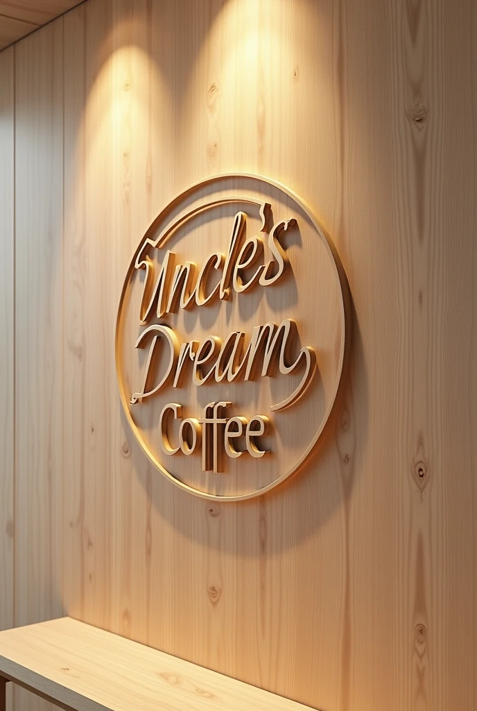 A logo for a coffee shop in a minimalist style. Loft style, modern style, techno style. The outline inscription "Uncle's dream Coffee" is carved through the plywood. High detail, sharp focus, contour sharpness, 8K, Ultra-high resolution.