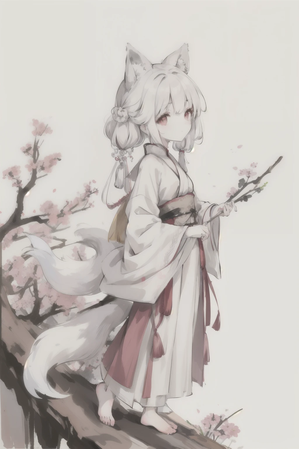 (4K,masterpiece,best quality),(traditional chinese ink painting),(Hanfu),(maxiskit),(conservative dress),1girl,(loli),Young children,(solitary),(while hair),(White fox ears),(White fox tail),(Pink clothes),Laugh,(standing on a mountain),(barefoot)