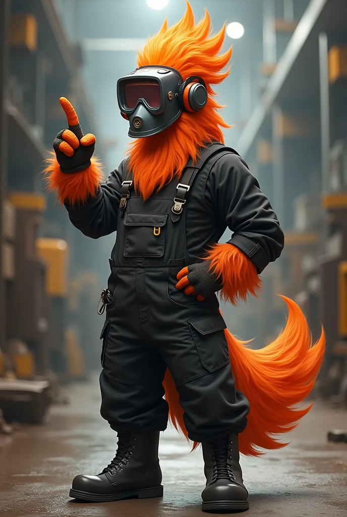 A Phoenix Hail, with welding mask on head, safety glasses, ear plugs, Security boots, gloves, black overalls and black long-sleeved shirt, cheered up, con una mano en la cintura y la otra señalando con el dedo meñique cheered up