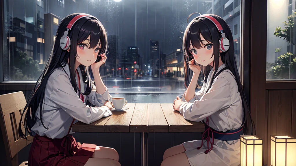 Draw a Japanese girl in anime style, sitting in a café with headphones on. Rain falls outside the window, creating a cozy atmosphere. She has a gentle expression, with soft lighting