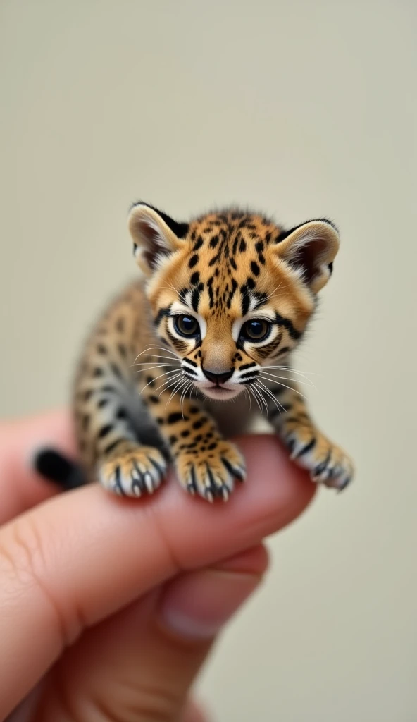 ((masterpiece, best quality, ultra detailed, 8K, photorealistic, hyperrealistic photo)), Micro Tiny baby [leopardo bravo] perched on a human finger