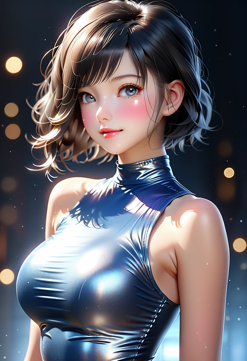Highest quality, masterpiece, Ultra-high resolution, Realistic, RAW Photos, Intricate details, Portraiture,　((Top model poses:1.2)), Perfect contours, break　((whole body:1.2, from side:1.2,  Watch the audience:1.2)), (small, short, :1.2), Big beautiful blue eyes, Black Hair、Braided Bob, (make up:1.5, shine lips:1.5, full lips:1.5, pink lips), break (Firm breasts:1.2, High chest:1.2), (Curvy waist:1.2), Competitive swimmer, (one piece:1.2, turtleneck:1.2, Sleeveless swimwear:1.2, barefoot), (Super Shine Metallic Gray, glowing:1.5, tight high leg swimsuit:1.2), break (Place your hands above your head:1.5、Arch your back:1.5)、(Smiling Kindly、Close your mouth、Watery eyes:1.5), (Wet Skin), (Beautiful wrinkle-free armpits:1.5), (Empty-handed)、The background is a photography studio