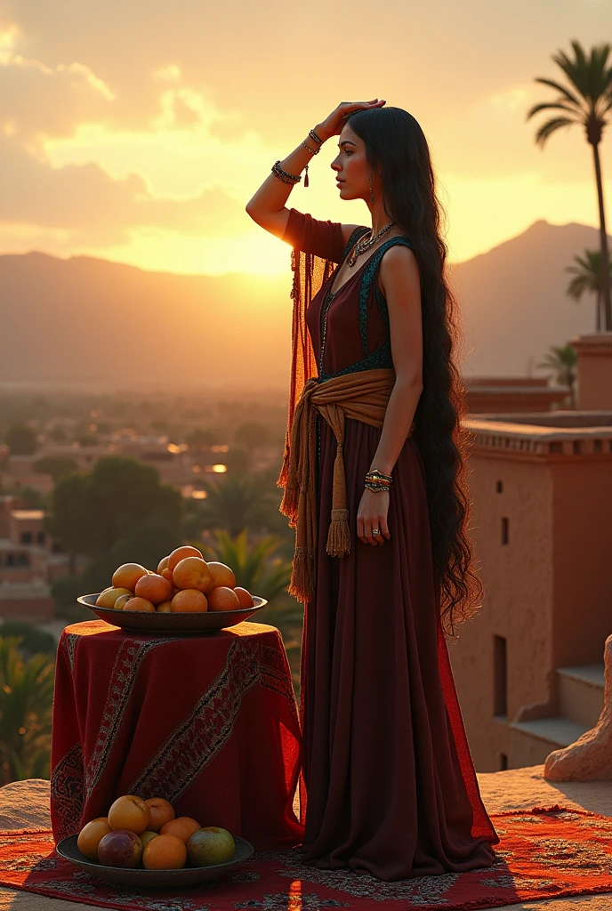 A Moroccan Amazigh woman, standing on the roof of the house, leaning with her hands on the wall and her other hand over her head to block the sun from her eyes. Very wonderful pictures, in high resolution, as if it were a painting by Leonardo da Vinci. . Above the roof, you see distant mud houses, palm trees and mountains. The woman stands on an Amazigh rug, wearing Amazigh accessories, and next to her is a table with fruits on it. .
Woman's picture is close, time is sunset