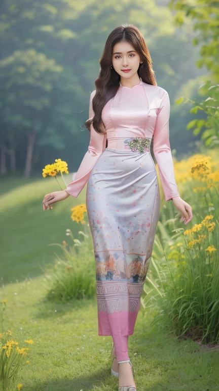 Attractive curvy full body Myanmar girl./ high hips / big hips / wide hips, not thin / thin / full body, full body suit of friends.  ((Mostly colored silk dress)) A long dress painted with reflective flowers.  A single outfit.  ((full body))hi gh hips High resolution image Nature background High resolution HD 3D,  8K animated anim