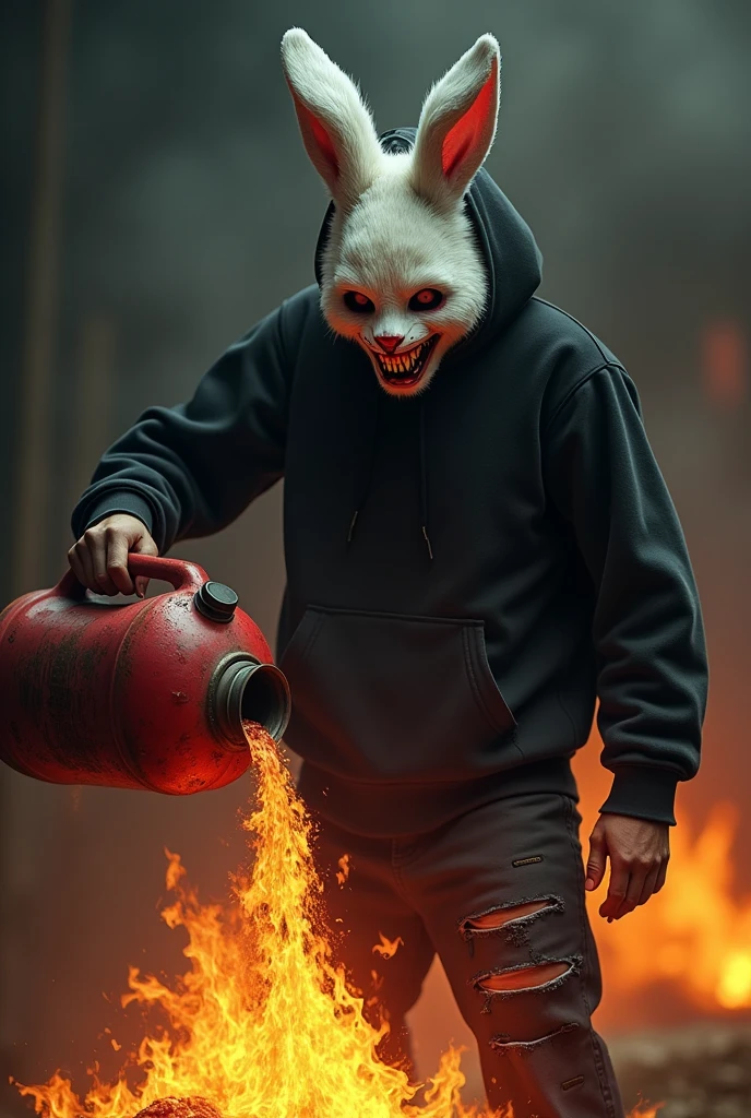 1 male, furry White bloody rabbit mask with creepy smile and yellow bloody teeth, pouring big red gasoline can on fire, completely Black hoodie, ethereal, detailed, masterpiece, best quality, dramatic lighting, full body, side camera, torn Black pants, horror, creepy