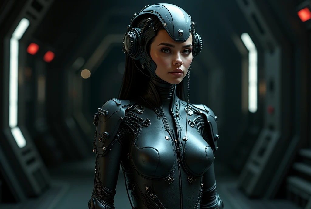 a sexy hunky woman in a futuristic gothic uniform spies on a group of surreal hideout