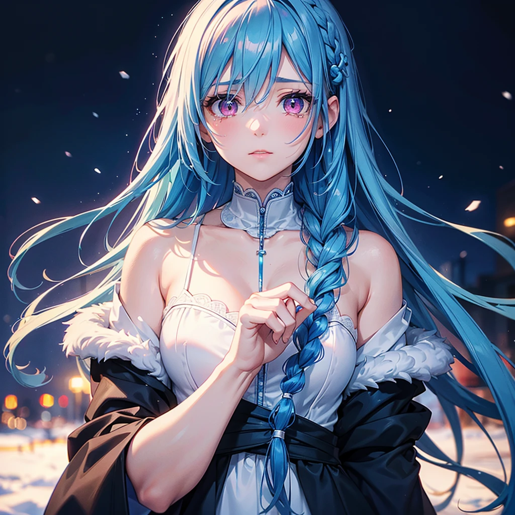 (Tying her sky blue hair into a single braid),(Pink Eyes),Fair skin,whole body,alone, face,tears,(Snowy Night),A lonelywho got dumped just before Christmas,(masterpiece, Highest quality, Very detailed), Best Shadow,Detailed Background,Beautifully detailed face,High Contrast,Best lighting, Very delicate and beautiful,Cinematic Light,Hyper Detail,8k,Dramatic Light,Exquisite detail,