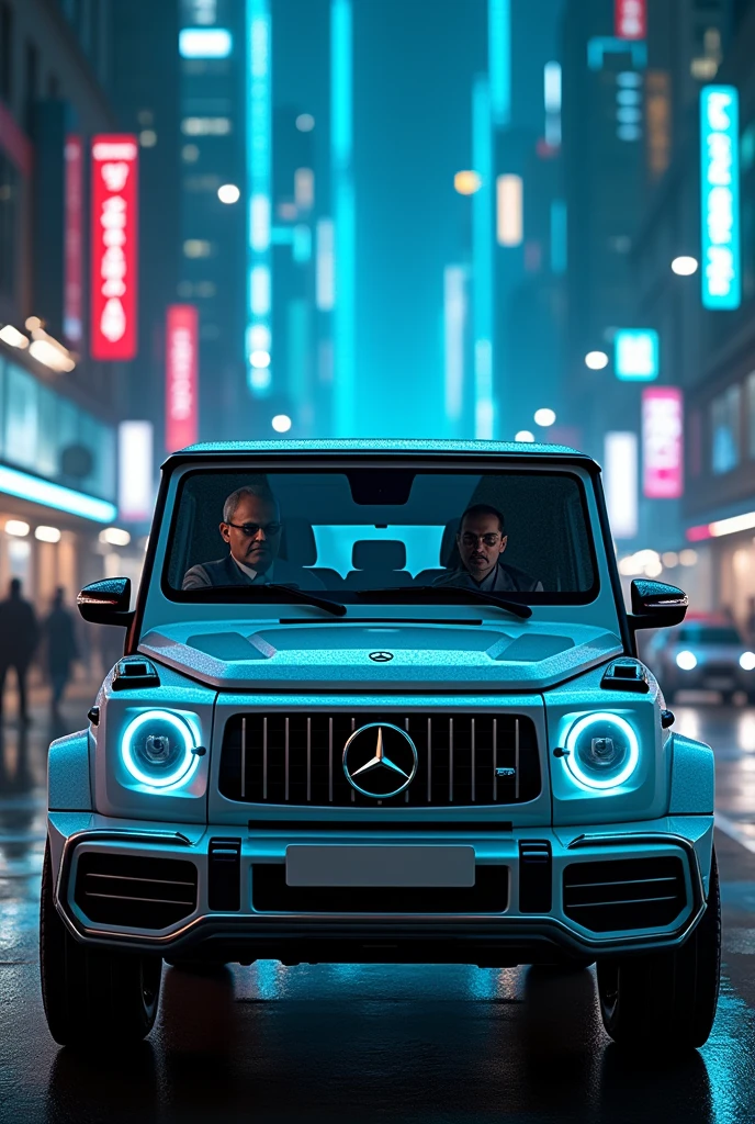 Indian man driving g wagon in cyberpunk city with blue neon lights
