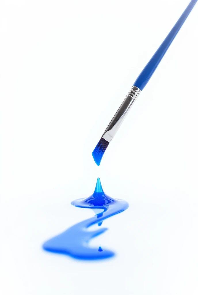 A brush on a white background tilted downwards, a vibrant and bright blue drop falls and on the left there is a line of that color as if the brush had painted it., It&#39;s a bit minimalistic