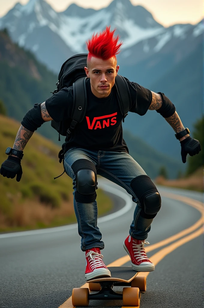 a young Punk skateboarding with red mohawk and upturned jacket covered in tattoos on his arms, confidently riding a skateboard down a winding mountain road ferry fasted, framed by the night golden light of the street. He is wearing a black t-shirt with a vintage VAN logo on his chest and a bag on his back, and denims jeans and use red converse shoes. The man look at the camera, his hands protected by black gloves, adding a personal touch to the thrilling scene. He also wears knee and elbow pads, ensuring safety as he navigates the turns with ease. The background is midnight lanscape features rolling green hills and snow-capped mountains in the distance, creating a stunning contrast to the rider’s dynamic movements, amplifying the excitement. In the distance. The image exudes the thrill of downhill skateboarding, the beauty of the natural scenery, and the fearless energy of the rider, with an Instagram-worthy night atmosphere.