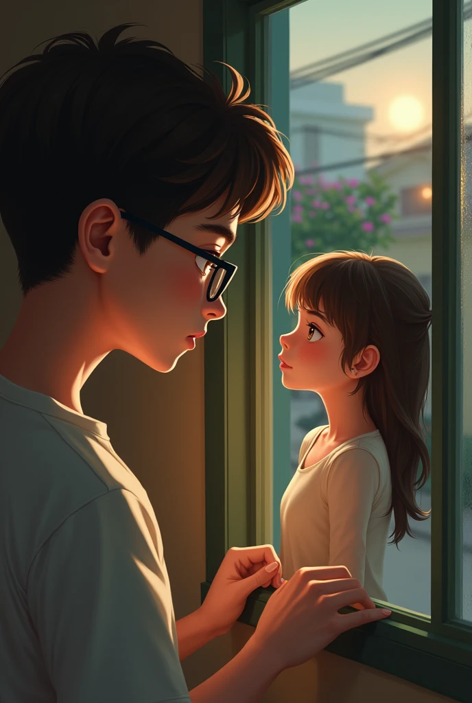 A baby face men wearing glasses,love a neighbour women looking her at a distance with Love