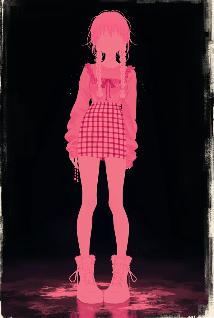 Pink silhouette of a soft punk girl against a black background, full body stance, wearing a grunge-inspired checkered short dress paired with high boots, hair styled in braids, captured with a Polaroid effect, inspired by artists Ida Rentoul Outhwaite and Ilya Kuvshinov, highly detailed, digital manga painting.