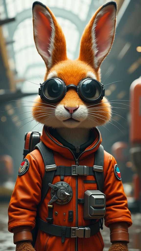 Orange hare as if he were an airplane pilot with warning glasses and a realistic astronaut uniform as the reference image