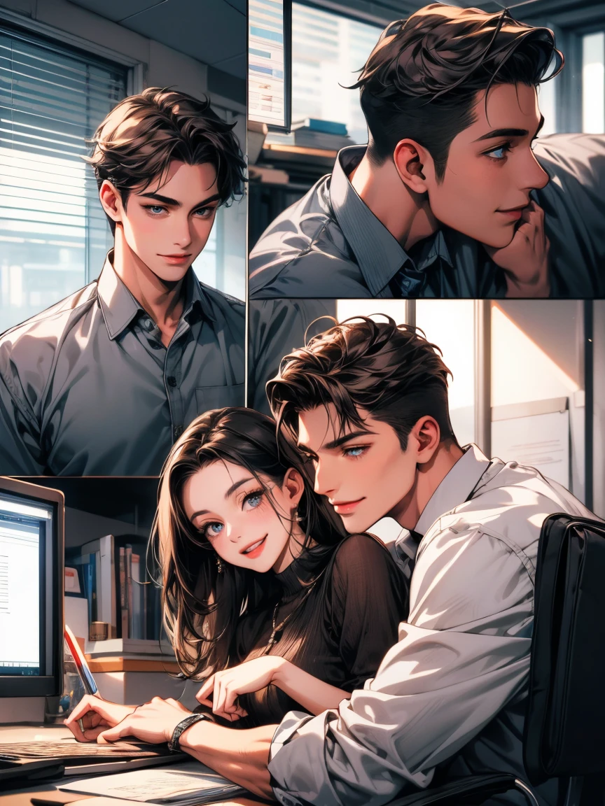 masterpiece, collage of couple, 1 guy, 1 woman, working, happy, smile, office