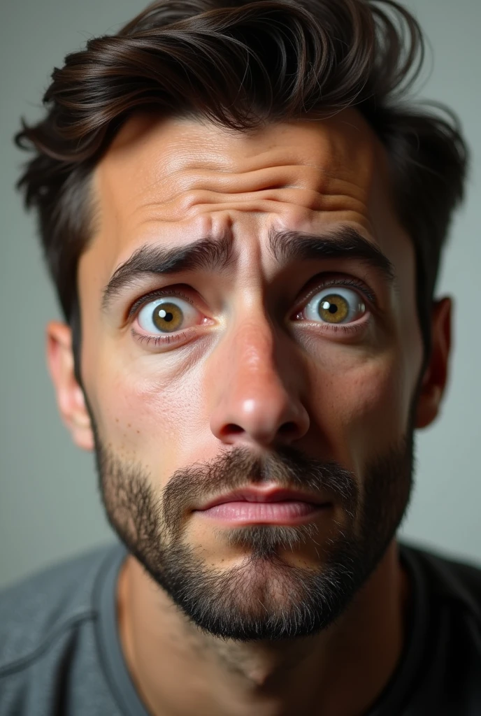 The expression of a man with a puzzled expression, not sad but surprised