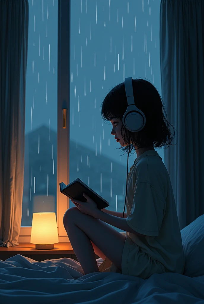 A girl wearing headphone is watching bookfrom her bedroom's window. The time is night and raining outside. The theme is lofi.
