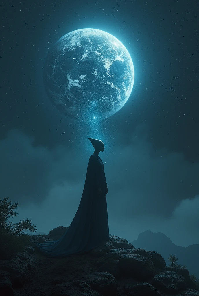 Uma criatura alienígena de uma galáxia distant, distant，Demonstrates impressive supernatural abilities，Silently observing human activities。This entity is surrounded by an aura of mystery and power..，Radiating dazzling energy and distinctly non-human features。Your discerning eyes are scanning the Earth，Absorbs the complexity of human culture and life。This scene takes place against the backdrop of the vast universe.，The Earth is illuminated，Showing its beauty and diversity。This alien is unlike any life form on Earth，It symbolizes a paradox：Ser um outsider，Deeply focused on human life