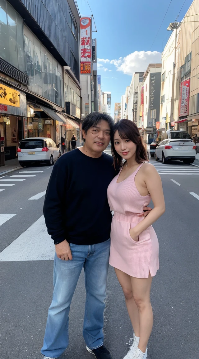 A man and a woman are standing together on the road, Big Boobs,Sexy clothes、Women in 、 frank franzzeta and sakimichan, Chiho, Yoshitomo Nara, Nishimiya Shoko, In Tokyo, sakimichan and frank franzzeta, Shot with the Nikon Z9, In front of the ramen shop