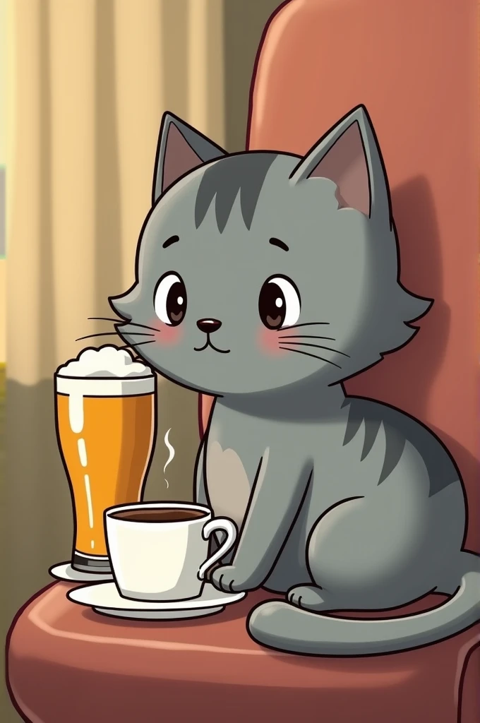 Gray cat with coffee sitting with a duff beer on the side cartoon