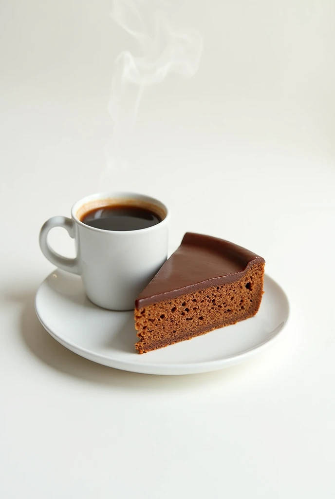 Minimalist Presentation: A simple, elegant shot of a brown cake slice on a white plate with a side of coffee, with clean lines and neutral backgrounds for a modern feel.