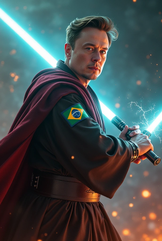 Image of Elon Musk wearing a Star Wars obi outfit with a Brazilian patch with lifting power over Voldemort away in a battle