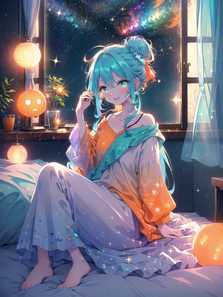 ((8k, highest quality, masterpiece: 1.3)), ultra high resolution, (1 girl, alone), (color changing eyes, super detailed, expressive sparkle, glitter, glowing eyes), highly detailed eyes, (eye color, gradient cyan: 1.2) highly detailed face, messy bun, (long curly hair: 1.2), (droopy eyes), ((hair color, deep orange)), flower in bun, (ecstatic expression: 1.2) pale skin, loose loungewear, relaxed posture, (bedside at home, dim: 1.1), starry sky outside window, random angles