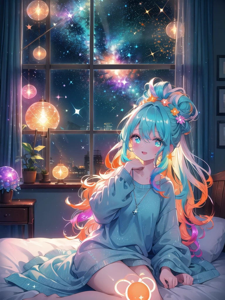 ((8k, highest quality, masterpiece: 1.3)), ultra high resolution, (1 girl, alone), (color changing eyes, super detailed, expressive sparkle, glitter, glowing eyes), highly detailed eyes, (eye color, gradient cyan: 1.2) highly detailed face, messy bun, (long curly hair: 1.2), (droopy eyes), ((hair color, deep orange)), flower in bun, (ecstatic expression: 1.2) pale skin, loose loungewear, relaxed posture, (bedside at home, dim: 1.1), starry sky outside window, random angles
