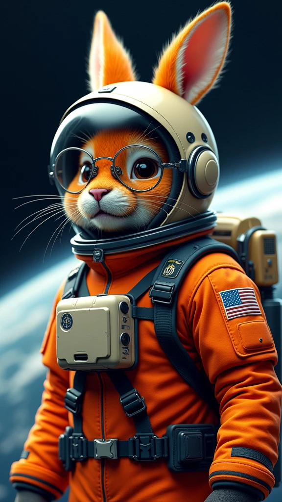 Orange hare as if he were an airplane pilot with aviator glasses and a realistic astronaut uniform as the reference image