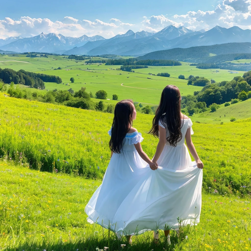 girl standing on the meadow、girl in a white dress、sky high and blue、sunny、I can see mountains in the distance、far away、stare into the distance、Standing in the distance、wide grassland