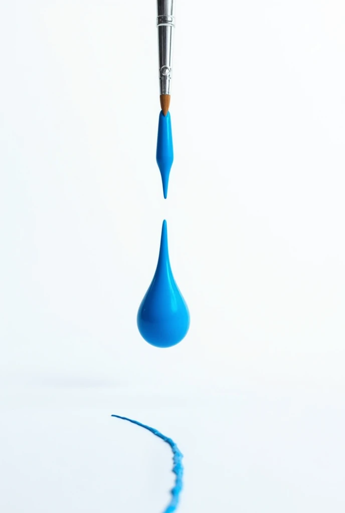 A brush on a white background tilted downwards, a vibrant and bright blue drop falls and on the left there is a line of that color as if the brush had painted it., It's a bit minimalistic
